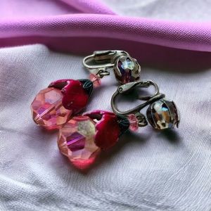 Vintage Pink Crystal Flower Enamel Clip On Valentine Floral Spring Earrings